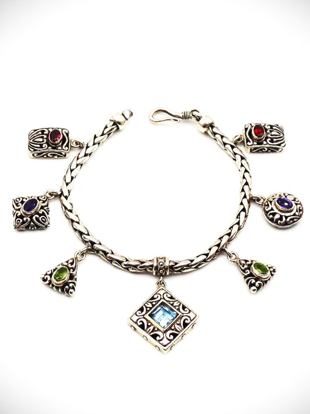 VINTAGE Sterling Silver Topaz Peridot Garnet Amethyst Charms Bracelet